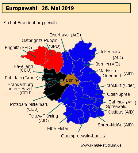 Europawahl 2019. Von der AfD gewonnene Wahlbezirke in Brandenburg